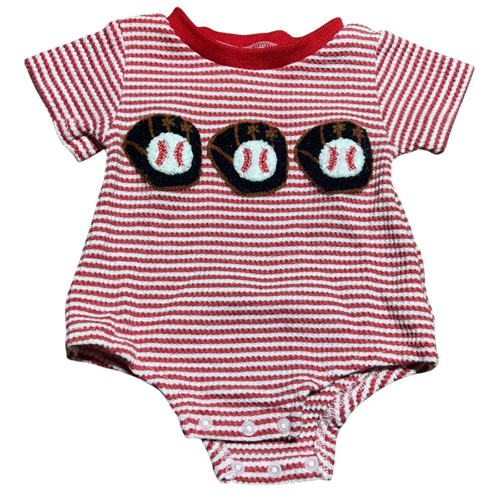 Waffle knit red and white infant onesie three embroidered baseballs and gloves